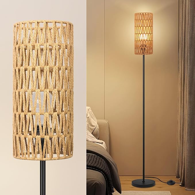 Floor Lamp for Living Room,Farmhouse Rattan Floor lamp,Modern Standing lamp with Hand-Worked Rattan Shade,Black Tall Lamp with Foot Switch for Bedroom,Kids Room,Office,LED Bulb is Included.