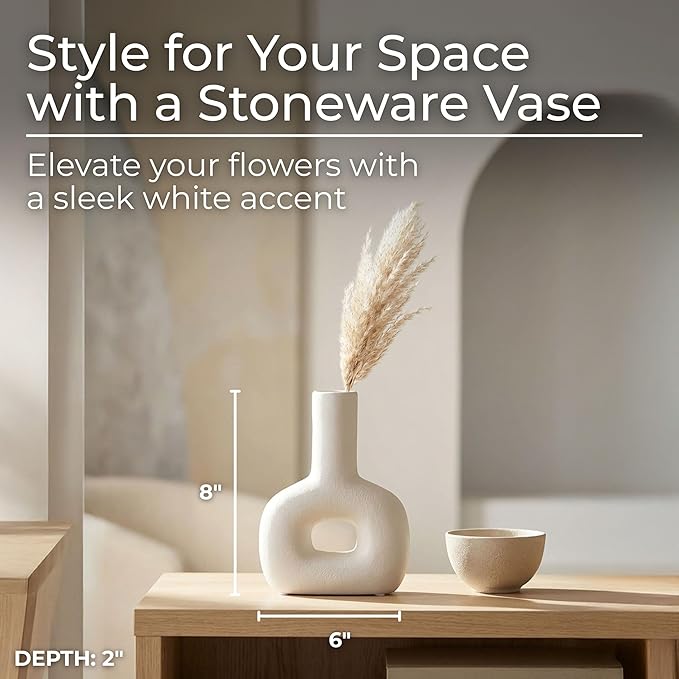Modern Open-Cut Dolomite Vase for Living Room Decor and Home Accents - Decorative Flower Vase for Room, Bedroom or Office Display - Elevate House Display and Console Table Decor - 8", Ivory