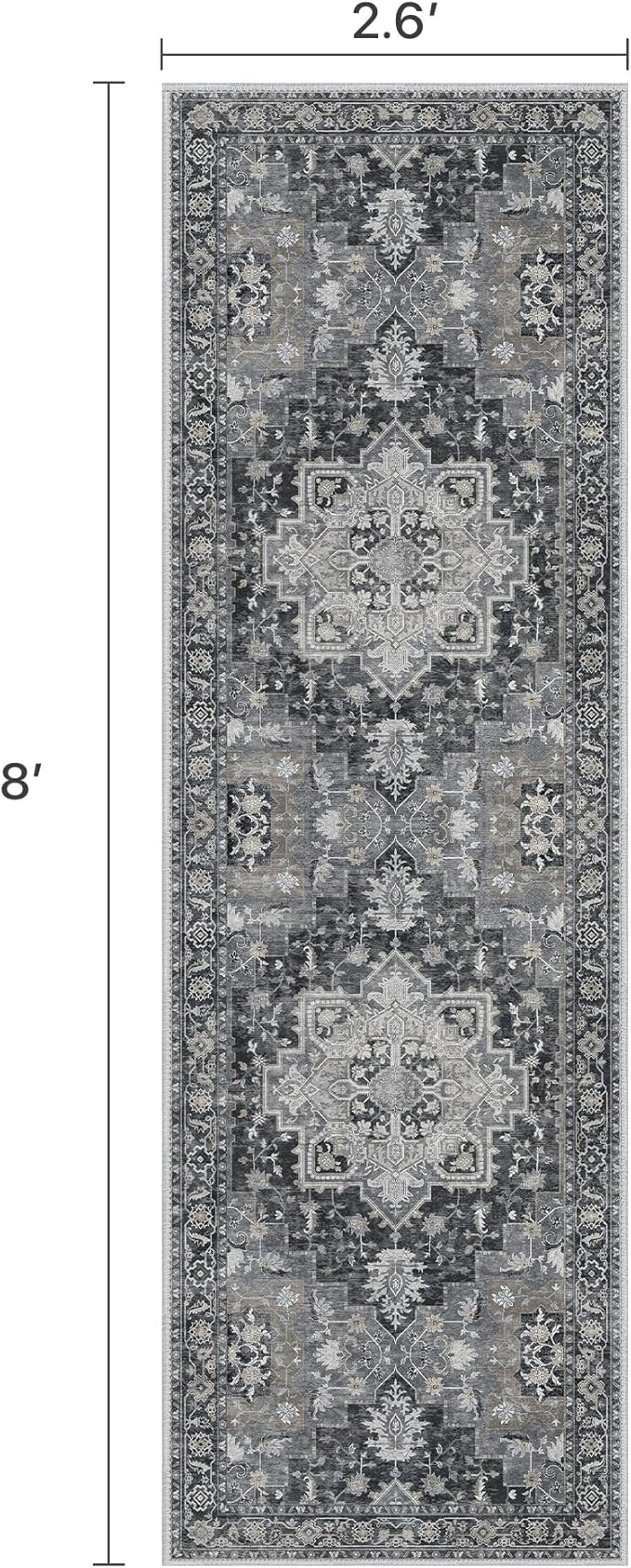 BESBLEE Runner Rug 2'6''x8, Machine Washable Runners, Non Slip Vintage Hallway Runner Rugs, Low Pile Lightweight Mat for Entryway, Hallway, Kitchen and Corridor, Dark Gray