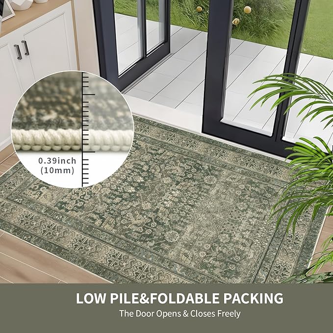 Dotiiorug Vintage Washable Area Rug for Living Room,Low Pile 6x9 Non Slip Carpet Non-Shedding Area Rug Soft Indoor Stain Resistant Rug Floral Print Mat for Bedroom Dining Room Green