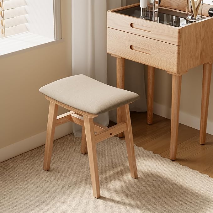 Solid Wood Vanity Stool, Compact Makeup Chair with Saddle Cushion, Linen-Covered High Rebound Sponge Seat, Easy Assembly Footstool for Bedroom, Entryway, Home, Natural