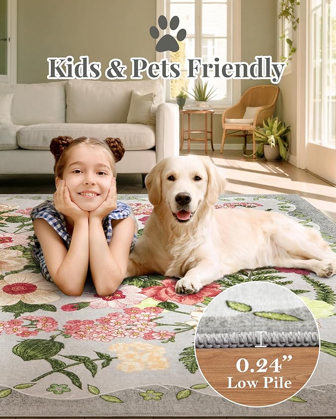AREAMAY Floral Bedroom Rug - 4x6 Washable Area Rugs Non-Slip Soft Low-Pile Stain Resistant Carpet Flower Print Vintage Indoor Rug forLiving Room Dining Room Office Nursery Room, Grey