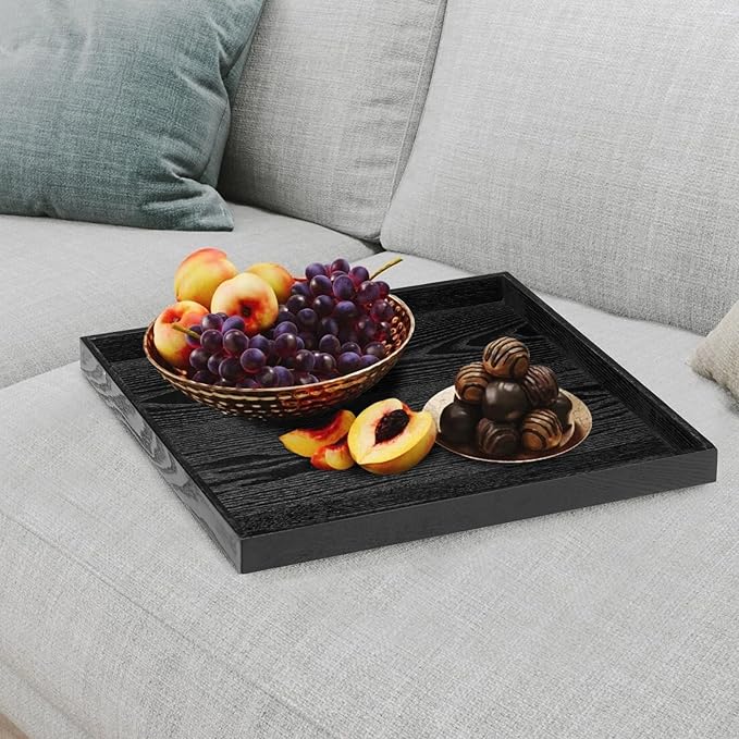 16 x 16 Inches Large Square Black Solid Wood Ottoman Tray, Serve Tea, Coffee or Breakfast in Bed, Classic Wooden Decorative Serving Tray with Raised Edges, Kitchen Party Bar Server Table Tray
