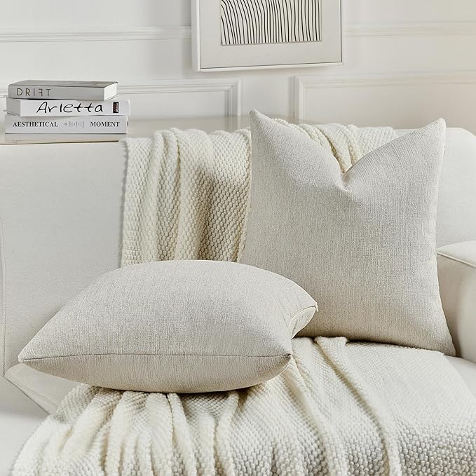 FUTEI Natural White Wood Chenille Decorative Throw Pillow Covers 16x16 Inch Set of 2,Soft Cozy Faux Linen Textured Cushion Case,Farmhouse Home Decor for Couch Living Room