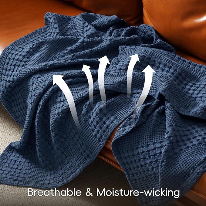 PHF 100% Cotton Waffle Weave Blanket Queen Size for Bed, Soft Lightweight & Breathable, All-Season Comfort, 300 GSM Luxury Aesthetic Blanket for Home Decor, 90"x90", Blue Sapphire