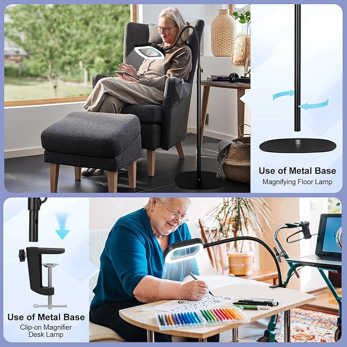Drdefi 10X Rectangular Real Glass Magnifying Glass with Light and Stand, 24" Flexible Gooseneck Floor Lamp, 5 Color Modes Stepless Dimmable, 3-in-1 LED Lighted Magnifier Light Hands Free for Reading