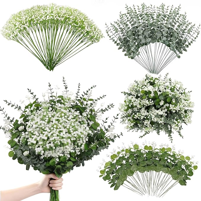 110 Pcs Mixed Artificial Eucalyptus Stems with Baby's Breath Bulk Faux Greenery for Modern Farmhouse Decor, Rustic Wedding Centerpieces, Vase Fillers, DIY Bouquets & Home Decor
