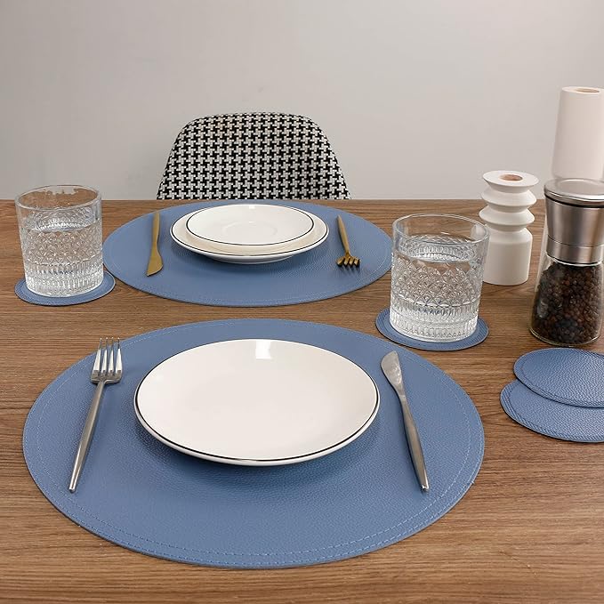 Jovono Faux Leather Round Placemats and Coasters, Coffee Mats Kitchen Table Mats, Set of 4 Waterproof Place Mat, Easy to Clean for Kitchen Dining Round Table