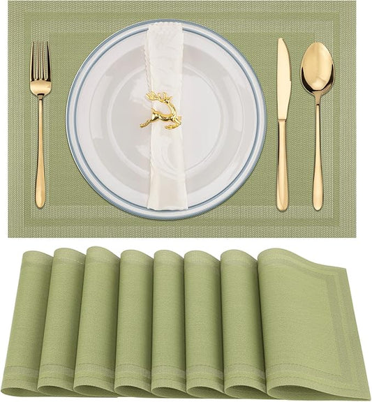 Winknowl Placemats Set of 8，Heat Resistant Woven Vinyl Washable PVC Place Mats，Non-Slip Stain Resistant Indoor/Outdoor Table Mats for Dining Table (Green)