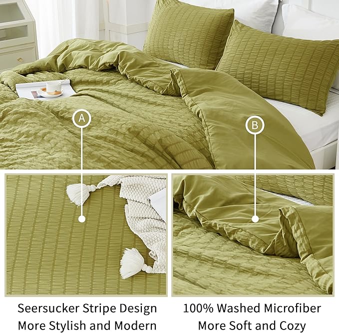 AveLom Olive Green Seersucker California King Comforter Set (104x96 inches), 3 Pieces-100% Soft Washed Microfiber Lightweight Comforter with 2 Pillowcases, All Season Down Alternative Bedding Set