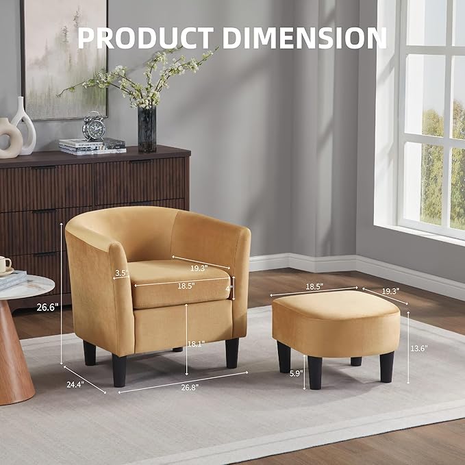 FLEXISPOT Accent Barrel Chair with Ottoman, Modern Comfy Armchair, Upholstered in Velvet, Reading Chair with Footrest, Contemporary Lounge for Living Room Bedroom Reading Room (Yellow)
