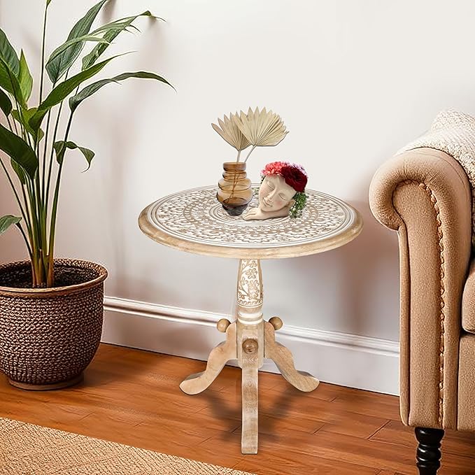 The Wooden Town Round End Table, 18x21 Inch, White Wash, Handcrafted Engraved Carved Side Table with Pedestal Base, Solid Mango Wood