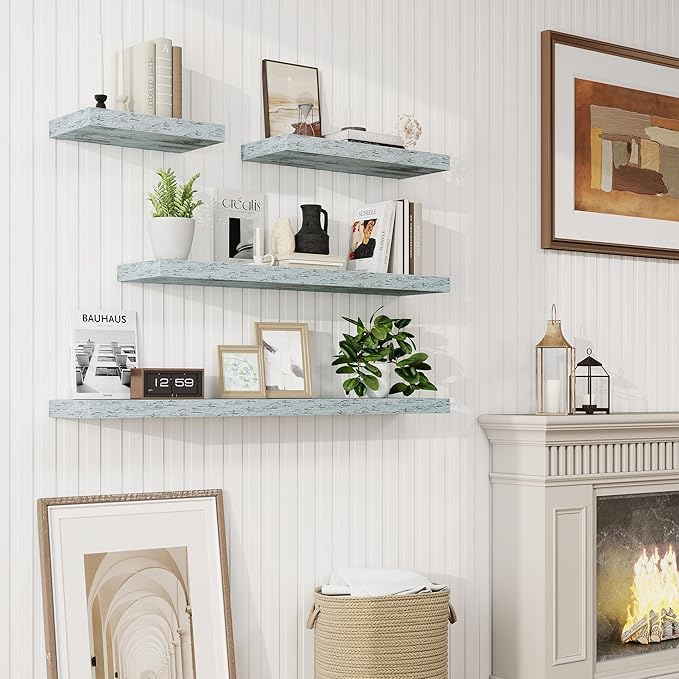 36in Floating Shelves for Wall, 36"W x 9.25"D x 1.25"H, 2 Pack Long Wall Mounted Engineered Wood Shelves with Invisible Brackets for Living Room, Bedroom, Bathroom, Kitchen Decor and Storage, Blue
