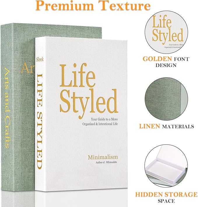 Decorative Book for Coffee Table: Linen Fabric with Gold Foil Faux Books - Set of 2 Boxes with Hidden Storage Solves Clutte - Neutral Modern Style