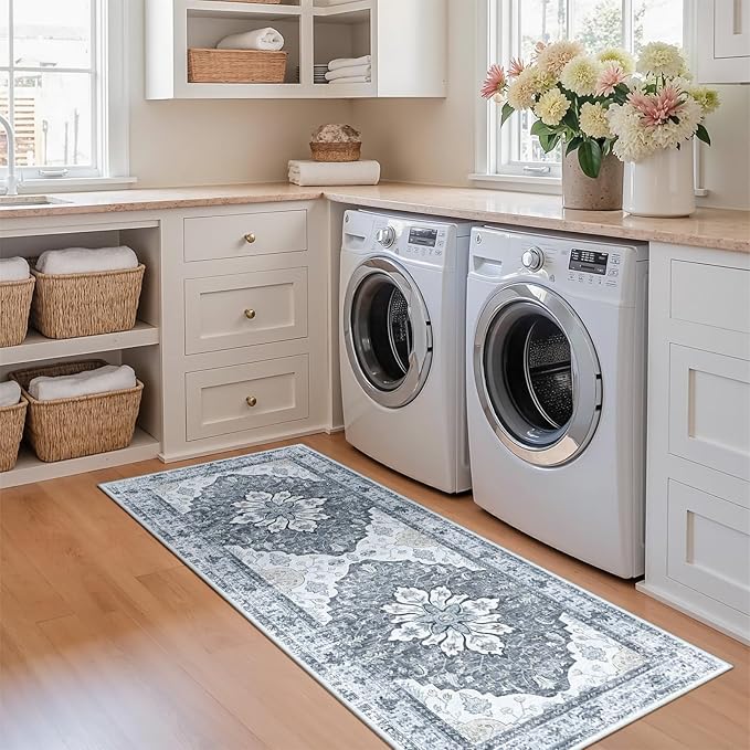 RELEANY Area Rugs 2'x5' Washable Non-Slip, Floral Vintage Distress Print Pattern Medallion Carpet for Living Room Bedroom Dining Room, Light Gray Grey White