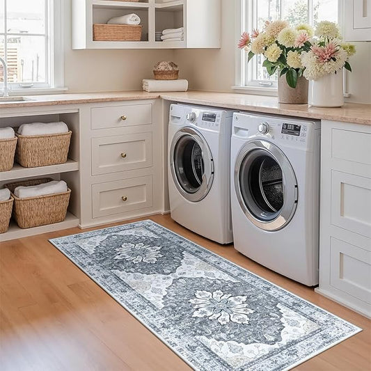 RELEANY Area Rugs 2'x5' Washable Non-Slip, Floral Vintage Distress Print Pattern Medallion Carpet for Living Room Bedroom Dining Room, Light Gray Grey White