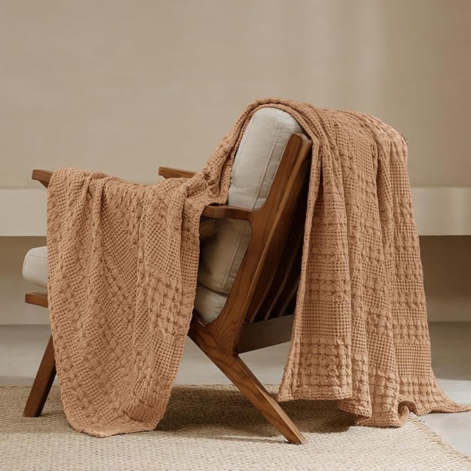 PHF 100% Cotton Waffle Weave Throw Blanket, Soft Lightweight Breathable Cozy Throws for Couch Bed Sofa, 300 GSM Luxury Aesthetic Blanket Gift for Home Decor & Office, 50"x60", Clay