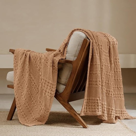 PHF 100% Cotton Waffle Weave Throw Blanket, Soft Lightweight Breathable Cozy Throws for Couch Bed Sofa, 300 GSM Luxury Aesthetic Blanket Gift for Home Decor & Office, 50"x60", Clay