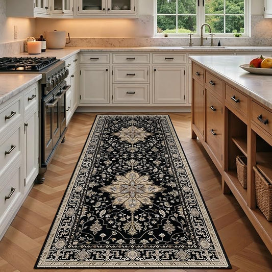 RELEANY Area Rugs 3'x8' Washable Non-Slip, Floral Vintage Distress Print Pattern Medallion Carpet for Living Room Bedroom Dining Room, Black Brown Neutral Dark Tan