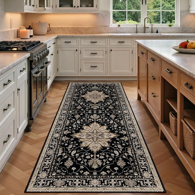 RELEANY Area Rugs 3'x6' Washable Non-Slip, Floral Vintage Distress Print Pattern Medallion Carpet for Living Room Bedroom Dining Room, Black Brown Neutral Dark Tan