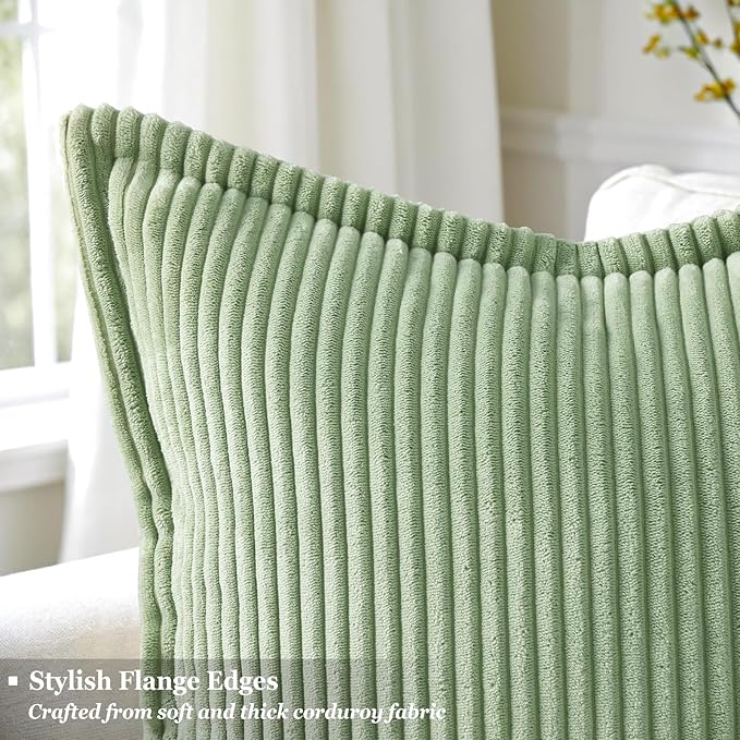 decorUhome Spring Corduroy Sage Green Euro Sham Throw Pillow Covers 24x24 Set of 2 Decorative Soft Boho Farmhouse Couch Pillow Covers for Living Room Bed Sofa Broadside Striped Pillow Cases