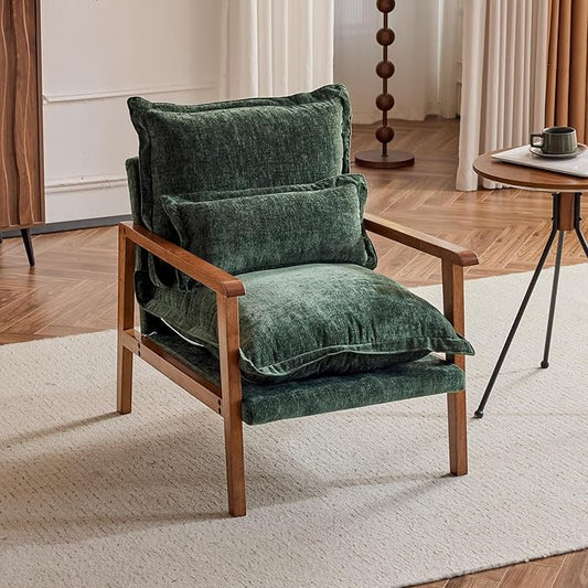 VINGLI Mid-Century Modern Cloud Accent Armchair with Lumbar Pillow, 6.3'' Thick Seat Cushion Comfy Reading Chair with Wooden Armrests，Boho Lounge Chair for Bedroom, Living Room, Chenille, Dark Green