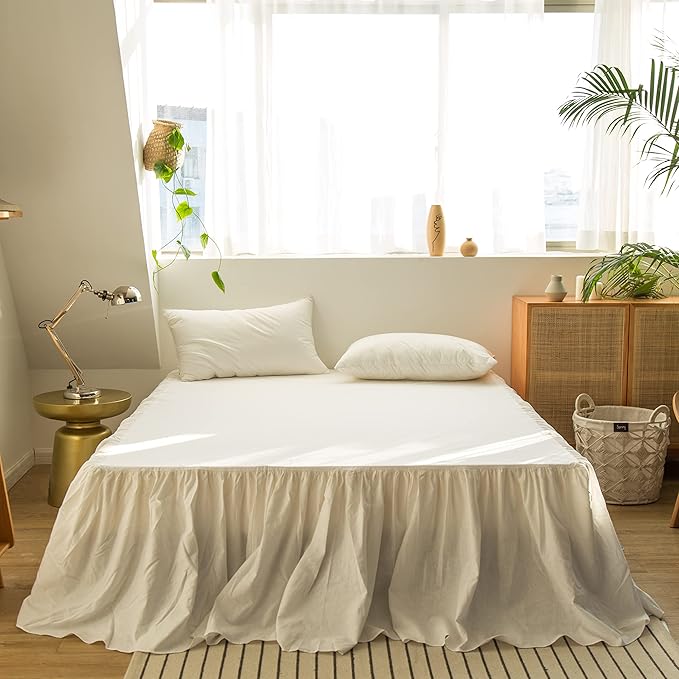 BISELINA French Linen Bed Skirt with Pleated Frills 18-Inch Tailored Drop Natural Flax Cotton Blend Dust Ruffle Soft Cozy Farmhouse Bedding (18" Full, Ruffle White)