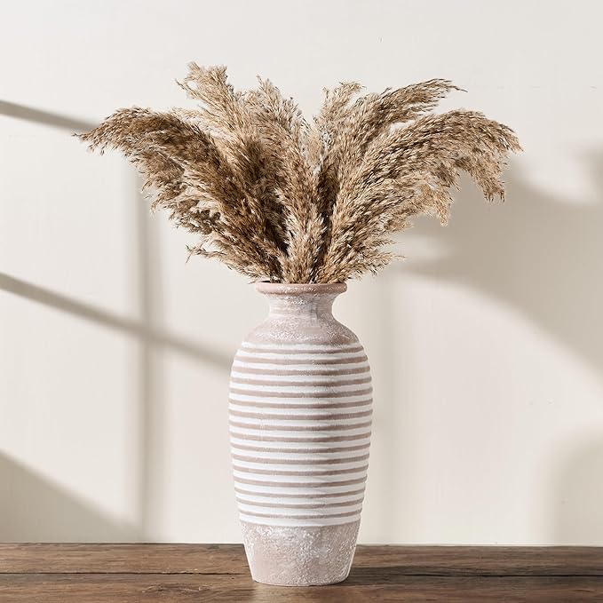 Emotionally Grounded Vase, Vaseking Large Ceramic Rustic Vase, 14.4 inch Minimalist Threaded Decorative Farmhouse Tall Vases for Home Decor, Living Room, Enterway, Table Decoration, Khaki