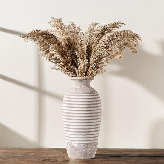 Emotionally Grounded Vase, Vaseking Large Ceramic Rustic Vase, 14.4 inch Minimalist Threaded Decorative Farmhouse Tall Vases for Home Decor, Living Room, Enterway, Table Decoration, Khaki