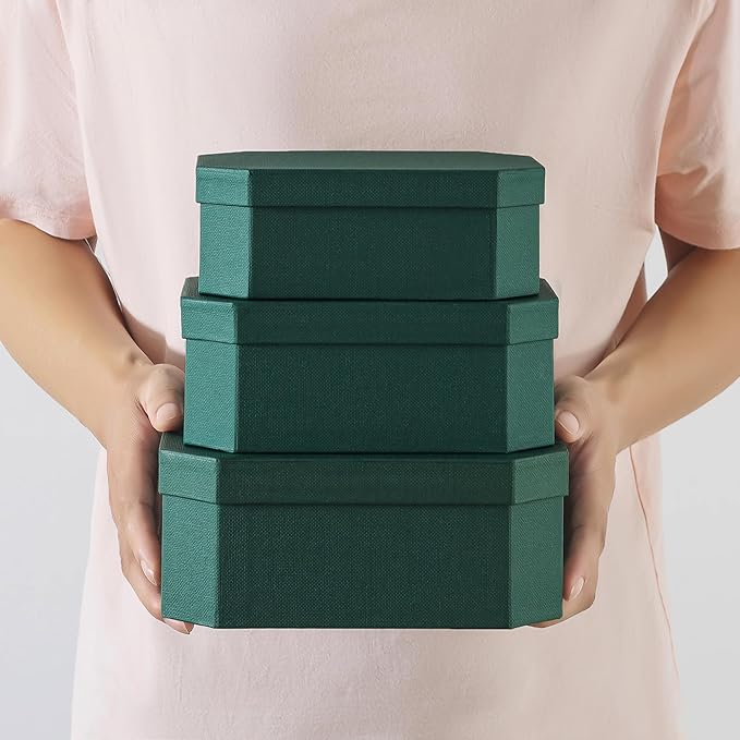 Soul & Lane Octagon Textured Decorative Boxes for Organizing, Set of 3 Nesting Cardboard Storage Containers for Gifts, Durable Memory Boxes for Keepsakes, Forest Green