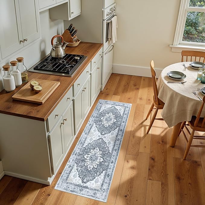 RELEANY Area Rugs 2'x5' Washable Non-Slip, Floral Vintage Distress Print Pattern Medallion Carpet for Living Room Bedroom Dining Room, Light Gray Grey White
