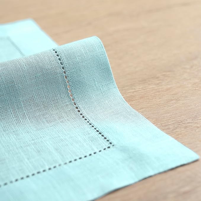 Solino Home Aqua Blue Linen Napkins Set of 4-100% Pure Linen Hemstitch Dinner Napkins 20 x 20 Inch for Winter, Spring, Easter - Classic Hemstitch
