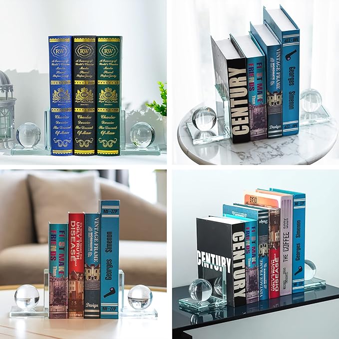 1 Pair Crystal Bookends with Crystal Ball Decorative Ornaments,L Shape Non-Skid Sturdy Book Ends for Heavy Books,Book Holder Stopper for Shelf Office Home (4inch,Clear)