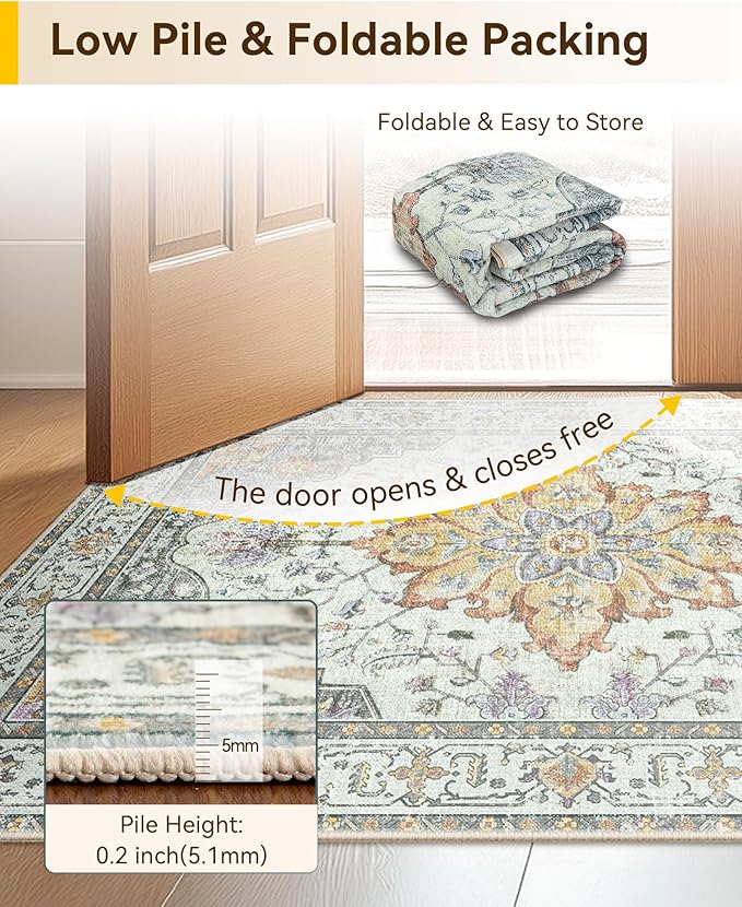 RELEANY Area Rugs 2'x6' Washable Non-Slip, Floral Vintage Distress Print Pattern Medallion Carpet for Living Room Bedroom Dining Room, Light Yellow Carbon Grey Orange