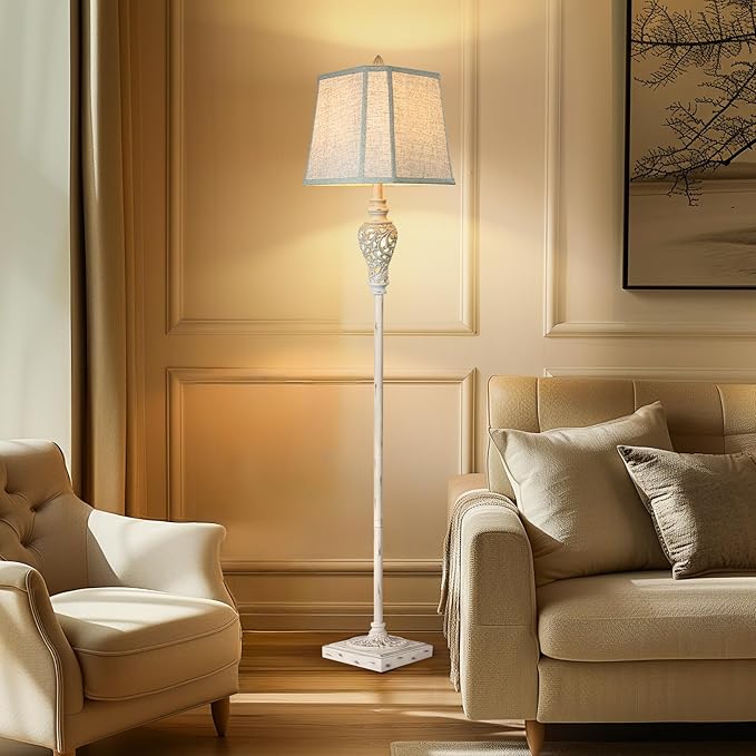 LuxSight Collection Rustic Floor Lamp 65'' Tall with Nightlight Cut Corner Linen Fabric Shade Vintage Standing Lamp for Living Room, Bedroom, Office, House (Bulb Included)