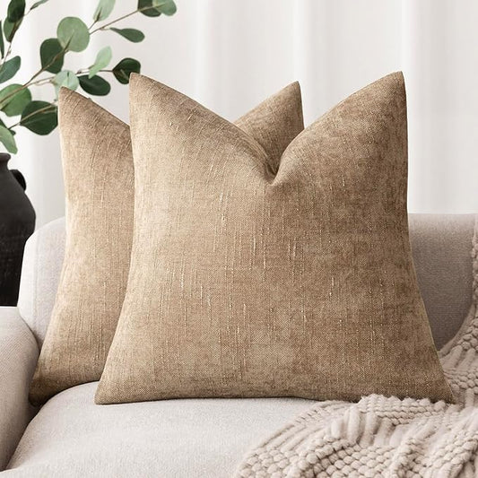 Foindtower Pack of 2 Textured Chenille Throw Decorative Pillow Covers Square Accent Solid Cushion Cover Neutral Farmhouse Pillow Case for Couch Sofa Bedroom Living Room 20x20 Inch,Taupe Khaki Camel