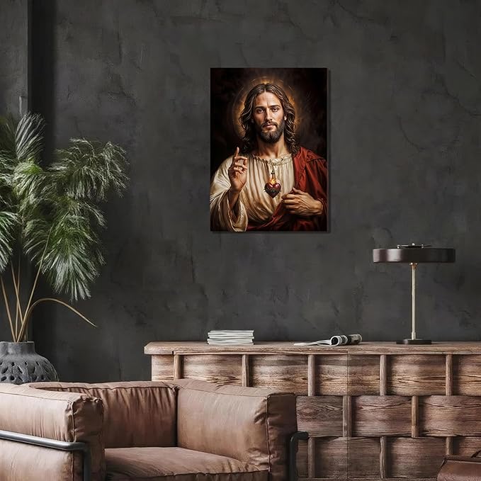 Framed Sacred Heart of Jesus Wall Art, Christian Divine Mercy Paintings Wall Decor, Christ Portrait Pictures Canvas Prints Catholic Religious Home Decor for Church Prayer Room Living Room 16X24 inch