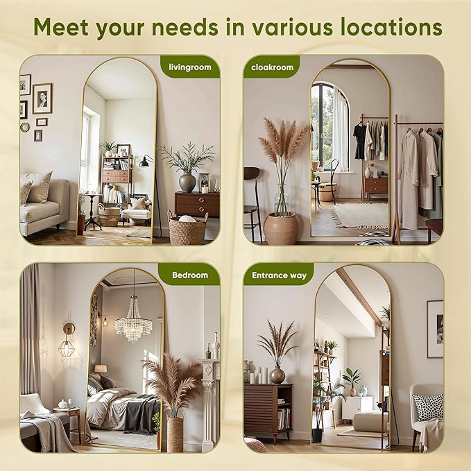 Full Length Mirror, 64"x21" Arched Full Body Mirror, Floor Mirrors with Stand, Standing Hanging Leaning Against Wall,Aluminum Frame Mirrors for Bedroom Cloakroom,Living Room,Gold