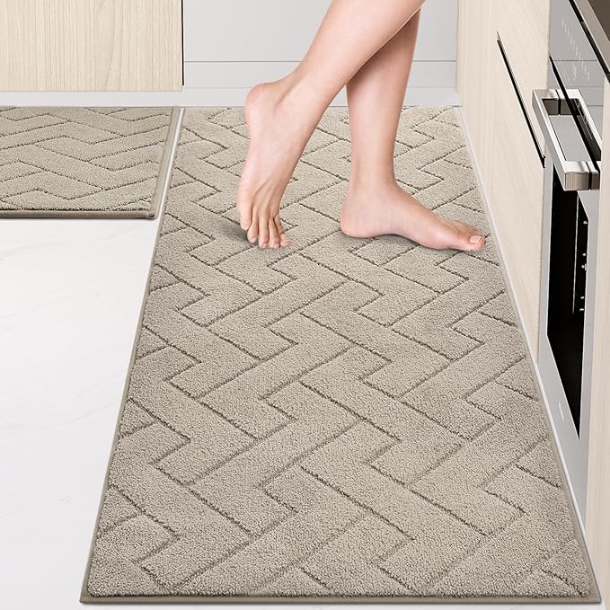 Machine Washable Kitchen Rugs Set (24" x 36"+24" x 60"), Non-Slip Kitchen Runner Rugs Mats for Floor, Absorbent Comfort Standing Mats for Kitchen, Sink and Hallway, Rolled Packaging, Taupe