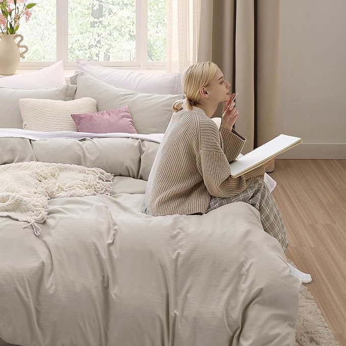 Bedsure Oversized Queen Duvet Cover - 3 Pieces Prewashed Cotton-Like Extra Soft Bedding Set, Includes 1 Duvet Cover 98x98 Inches with Zipper Closure & 2 Pillow Shams, Linen, Comforter Not Included