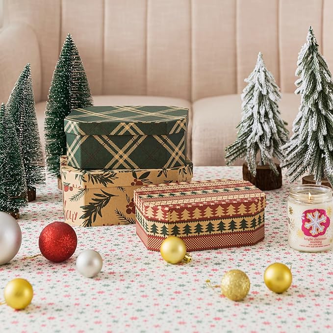Soul & Lane Christmas Gift Boxes with Lids, Vintage Reusable Christmas Nesting Boxes for Presents, Decorative Cardboard Large Holiday Storage For Keepsakes and Decor, Set of 3