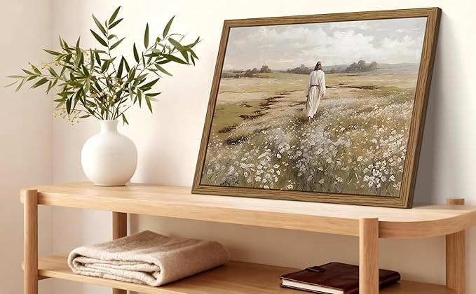Framed Jesus Wall Art, Vintage Christian Canvas Wall Decor Pictures, Jesus Walking in Field Posters Prints, Rustic Religious Home Decor for Living Room Bedroom Church Prayer Room 16x24 Inch