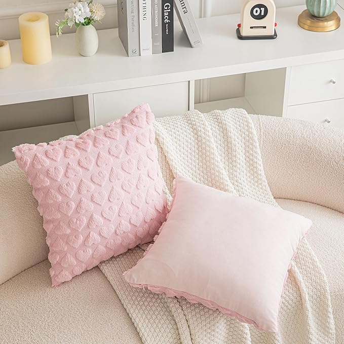 AQOTHES Set of 2 Heart Love Cute Pink Decorative Valentines Throw Pillow Covers 20x20, Soft Plush Faux Fur Pillow Covers for Couch Sofa Home Valentines Day Decoration