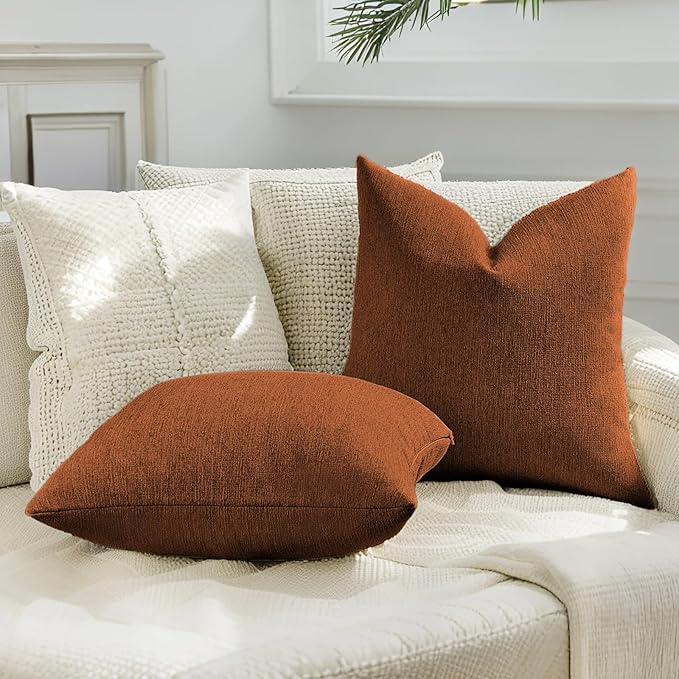 HAUSSY Rust Throw Pillow Covers 16x16 Inch Set of 2,Boho Decorative Faux Linen Throw Pillows Cozy Farmhouse Accent Cushion Covers,Home Decor for Couch Sofa Bed Living Room