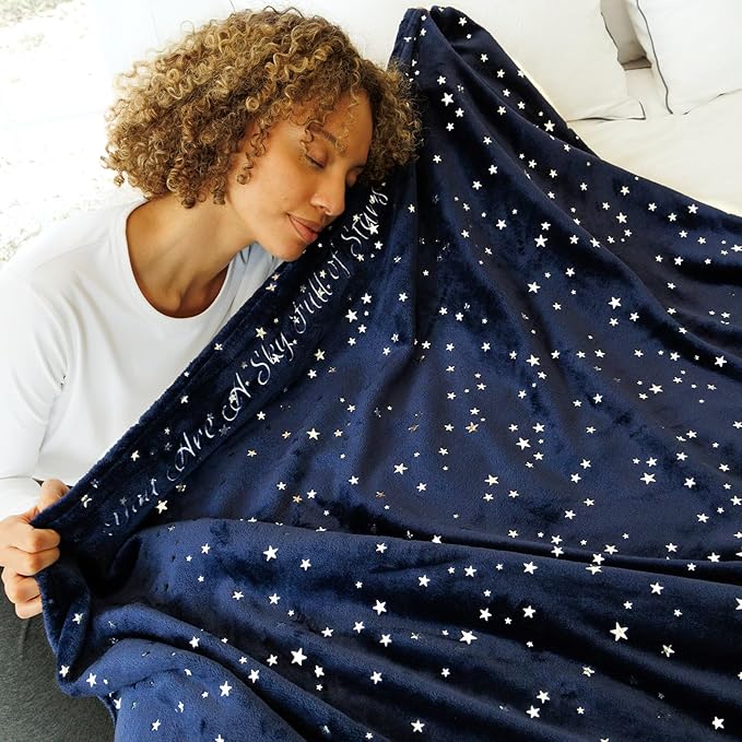 NANPIPER Fleece Blankets,Soft Fuzzy Star Foil Print Throw,Embroidered Letter Gift,Luxury Cozy Microfiber Twin Size,65"x 80" Navy