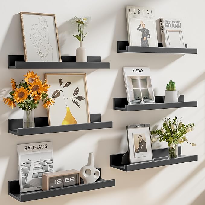 Heimlove Floating Shelves Set of 6, 24" Wall Mounted Picture Ledge, Display Shelf Organizer for Decor Storage, Wall Mounted Shelves for Living Room, Bedroom, Bathroom, Kitchen (Black)