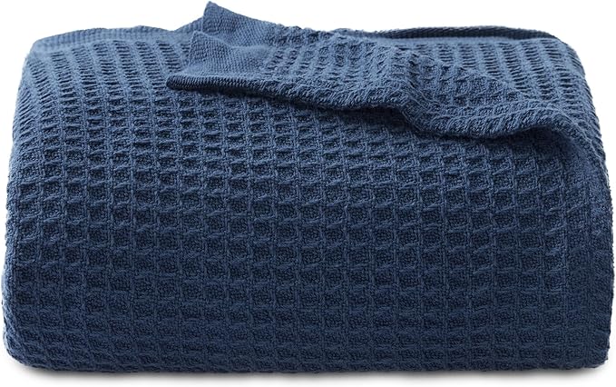 Bedsure Gentlesoft 100% Cotton Large Throw Blanket for Couch 50x70 inches - Breathable and Soft for Spring Summer, Waffle Weave Throw Blanket for Office, Navy