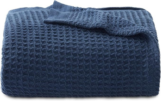 Bedsure Gentlesoft 100% Cotton Large Throw Blanket for Couch 50x70 inches - Breathable and Soft for Spring Summer, Waffle Weave Throw Blanket for Office, Navy
