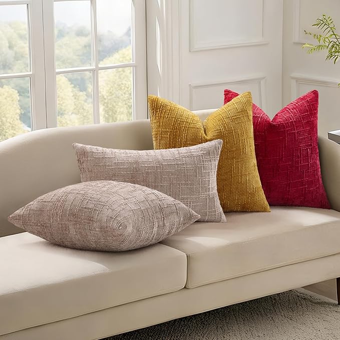 decorUhome Spring Red Chenille Throw Pillow Covers 18x18 Set of 2 Textured Slubby Couch Pillow Covers Farmhouse Accent Modern Neutral Decorative Pillow Cases for Bed Sofa Living Room