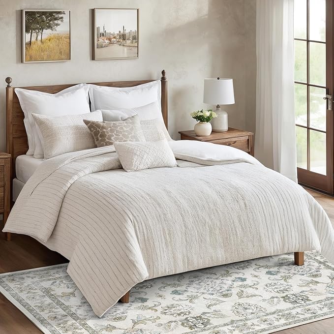 Dotiiorug 5x7 Washable Area Rugs Beige and Sage Green Vintage Boho Floral Farmhouse Rug for Living Room Bedroom, Non Slip Low Pile Carpet